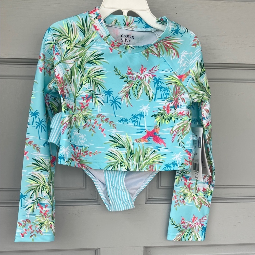 Crown & Ivy Light Blue Teal Tropical Palm Long-Sleeve Rashguard Swimset Girls 6